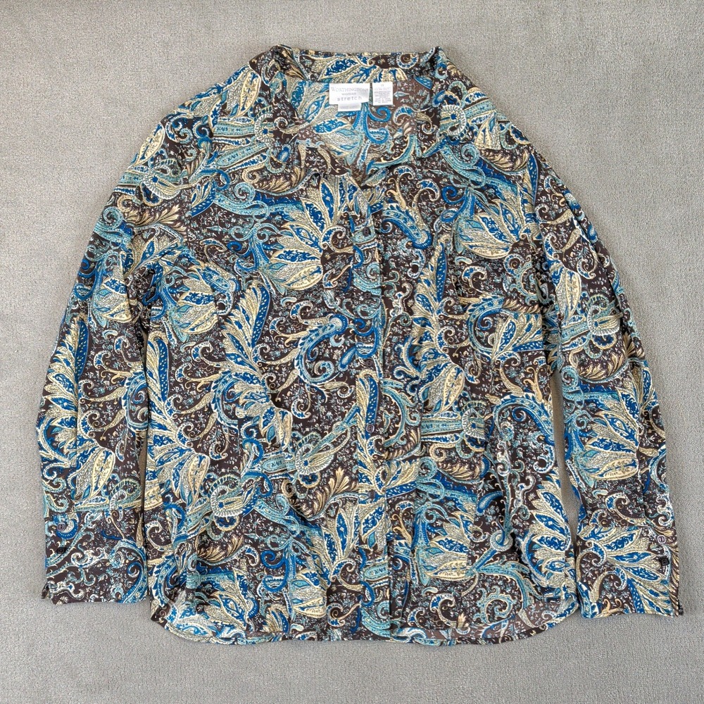 Worthington Button Up Shirt Womens 1X Blue Brown Paisley Stretch Blouse Top